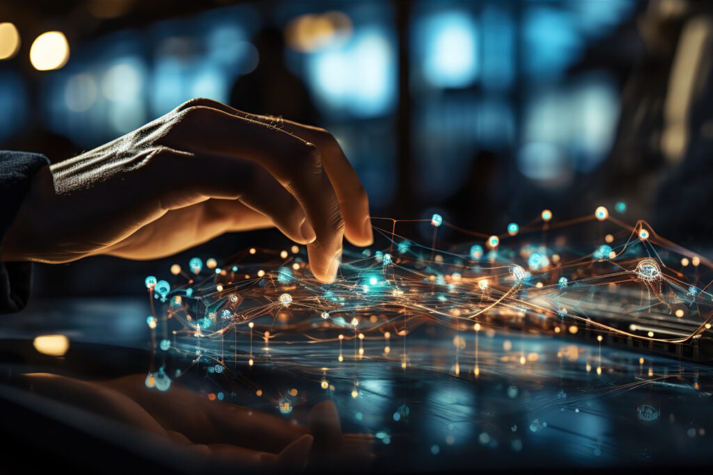 A hand with illuminated lights and lines next to a laptop.