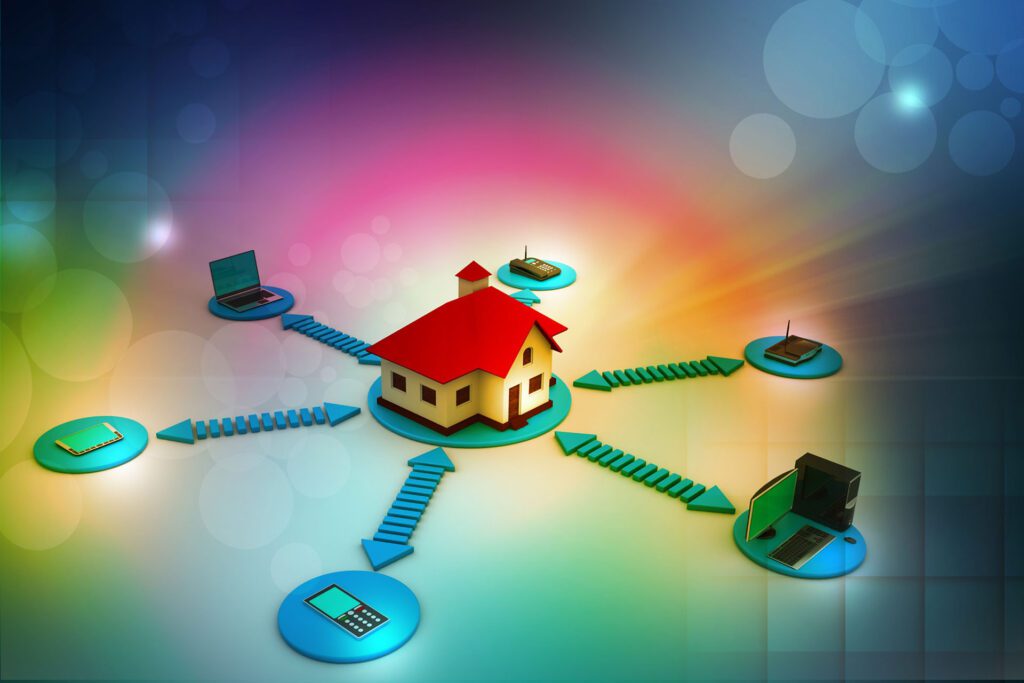 Animated home with arrows pointing towards phones, laptops, and mobile devices.