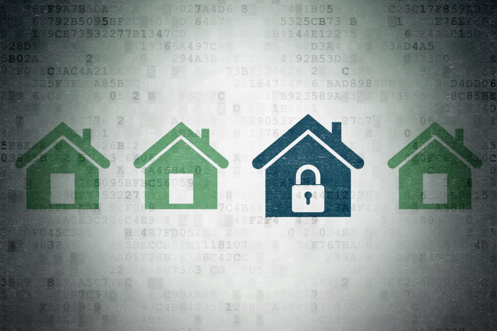 Four animated images of a home, one with a lock in the center.