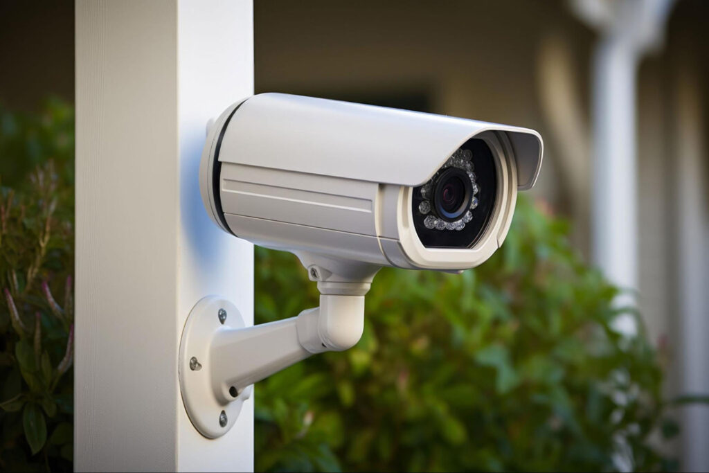 Security camera on the side of a house with shrubbery in the background.