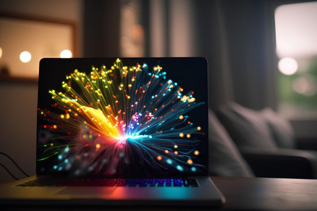 A laptop with a bright fiber optic cable screensaver sits on a desk.