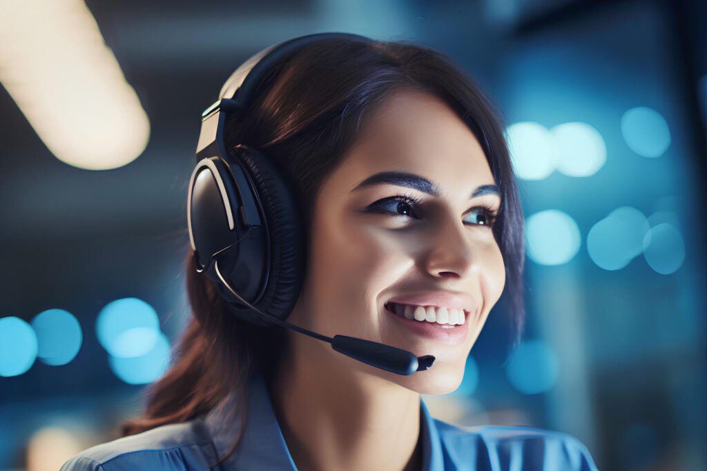 Smiling woman wearing a phone headset.