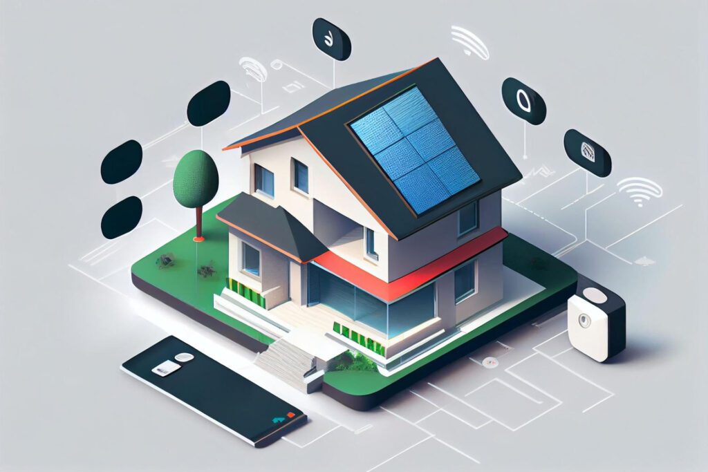 Animation of a cell phone and a home with solar panels on the roof, surrounded by various interconnected icons.