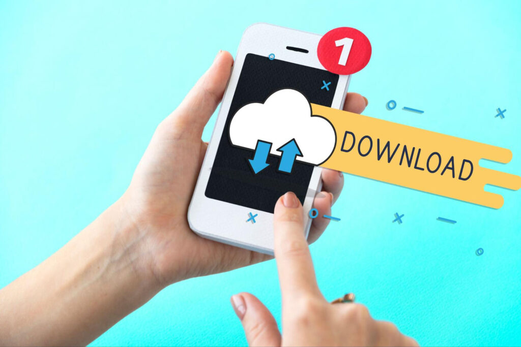 Person holding a phone with the word “download” and a cloud icon.