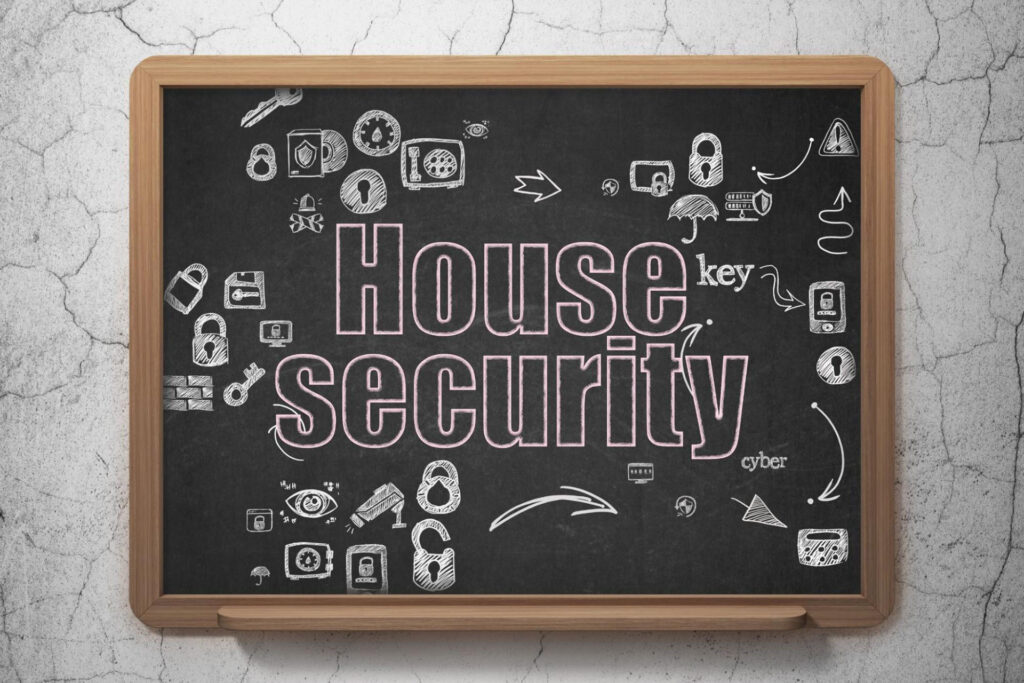 Chalkboard with the words “house security” with drawn images of cameras, locks, eyes, and arrows.