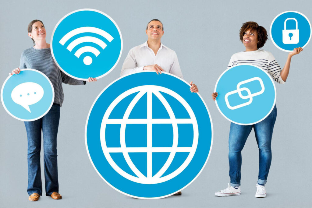 A man and two women holding circles with various internet-related images and symbols.