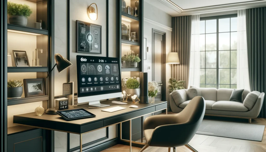 Modern home office with high-tech security gadgets from ADT home security and Vivint home security in Littlerock, showcasing a sleek desk with digital control panel and smart security sensors.