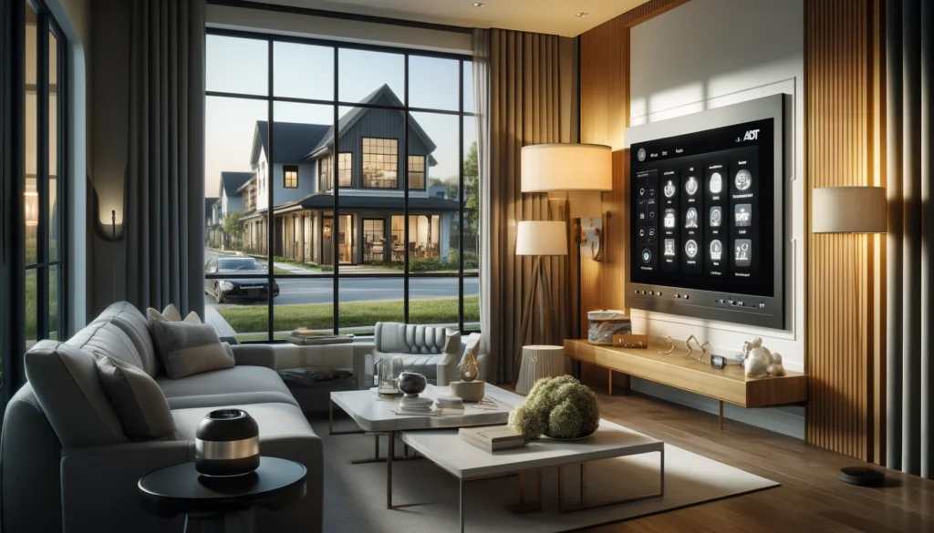 Modern living room in St. Pauls, North Carolina, equipped with advanced home security technology including a touchscreen control panel by ADT and outdoor security camera by Vivint. The setting features contemporary furniture and large windows overlooking a safe suburban area, emphasizing seamless integration of high-tech security into home aesthetics.