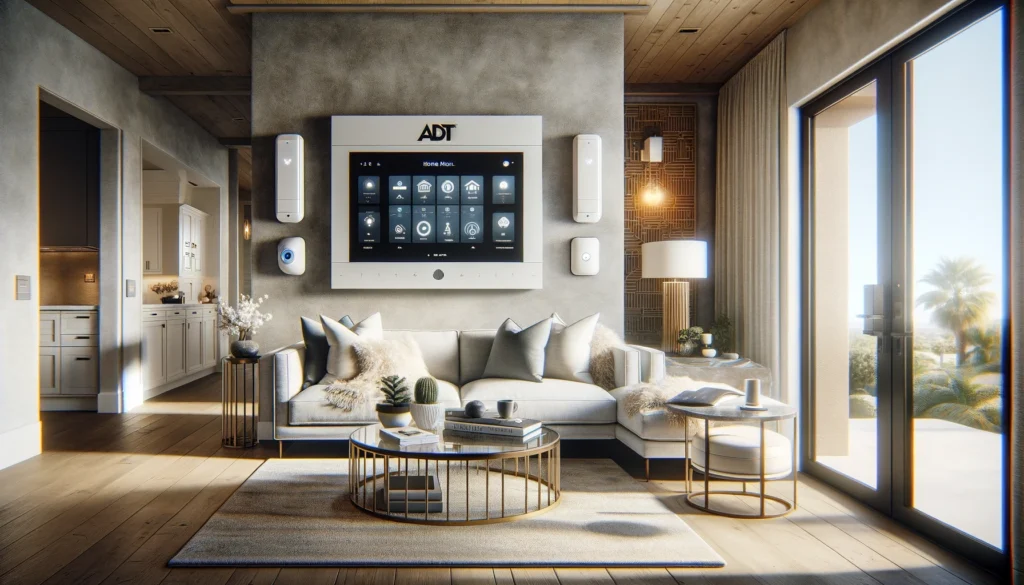 Modern living room in Hilmar, California featuring advanced home security systems from ADT and Vivint, with a sleek control panel, smart home devices on a glass coffee table, and a contemporary aesthetic emphasizing functionality and secure living.