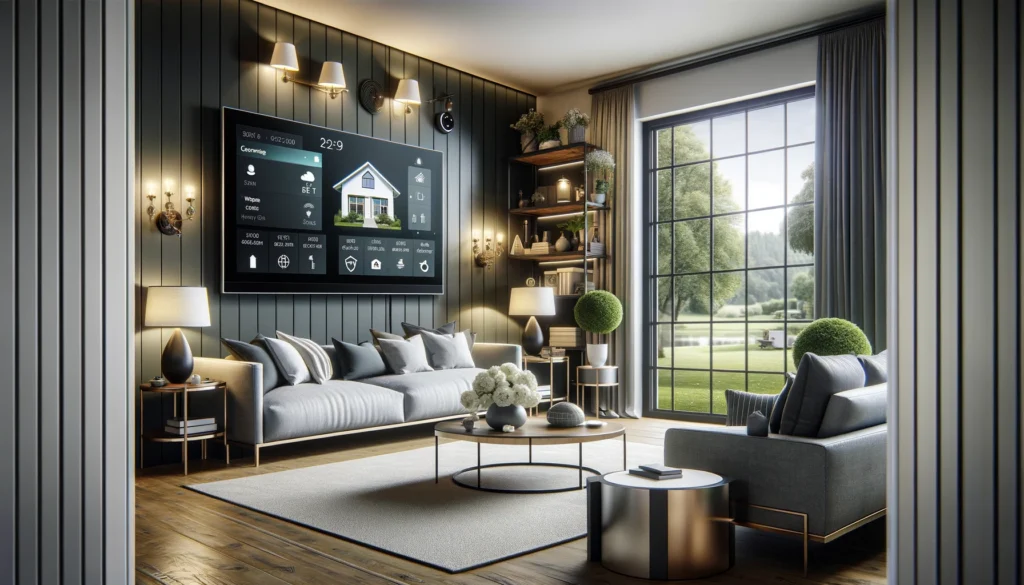 Modern living room in Storm Lake, Iowa, featuring a high-tech ADT and Vivint home security system with a digital interface panel, stylish furniture, and a view of a tranquil neighborhood outside, highlighting the sophisticated integration of technology in home settings.