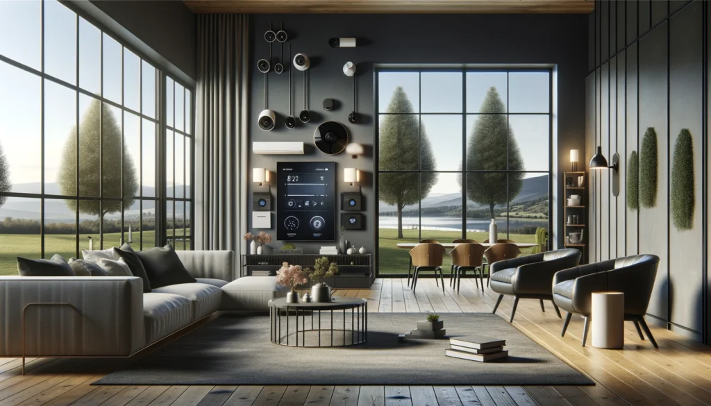 Modern living room in Williamston, South Carolina, featuring high-tech security systems from ADT and Vivint. The room integrates advanced security gadgets such as cameras and smart home panels in a stylish setting with sleek furniture and a soothing color palette, offering both aesthetic appeal and functionality.