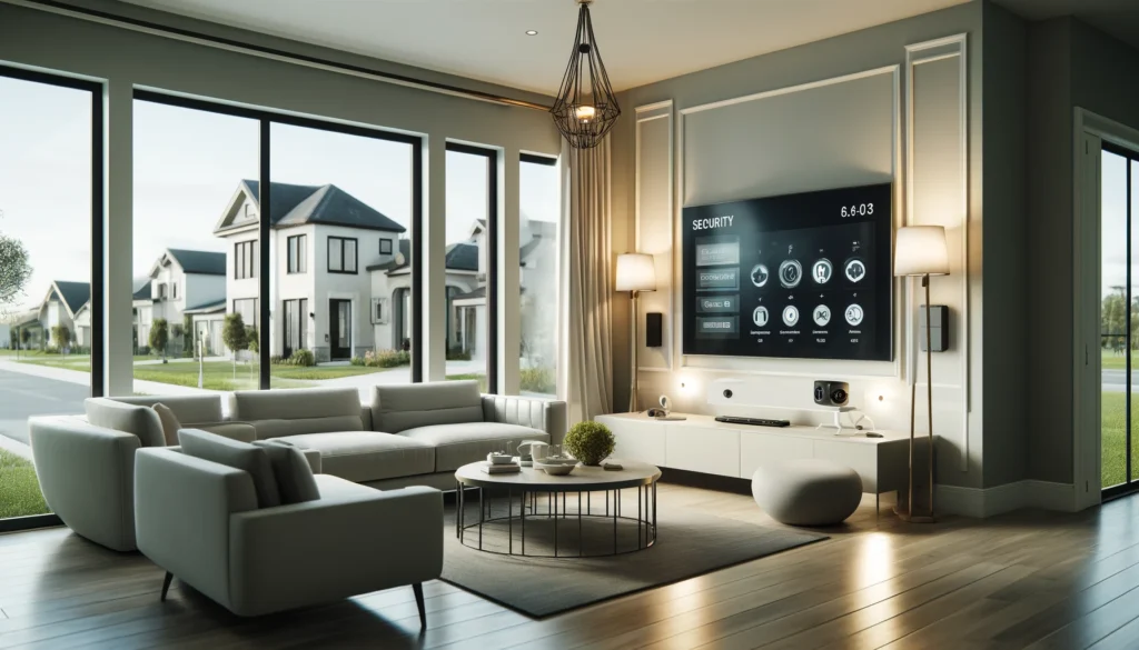 Modern and sophisticated living room in Auburndale, Florida, featuring contemporary furniture and high-tech security system interfaces from leading providers ADT and Vivint, integrated seamlessly into the home decor to enhance safety and aesthetic appeal.