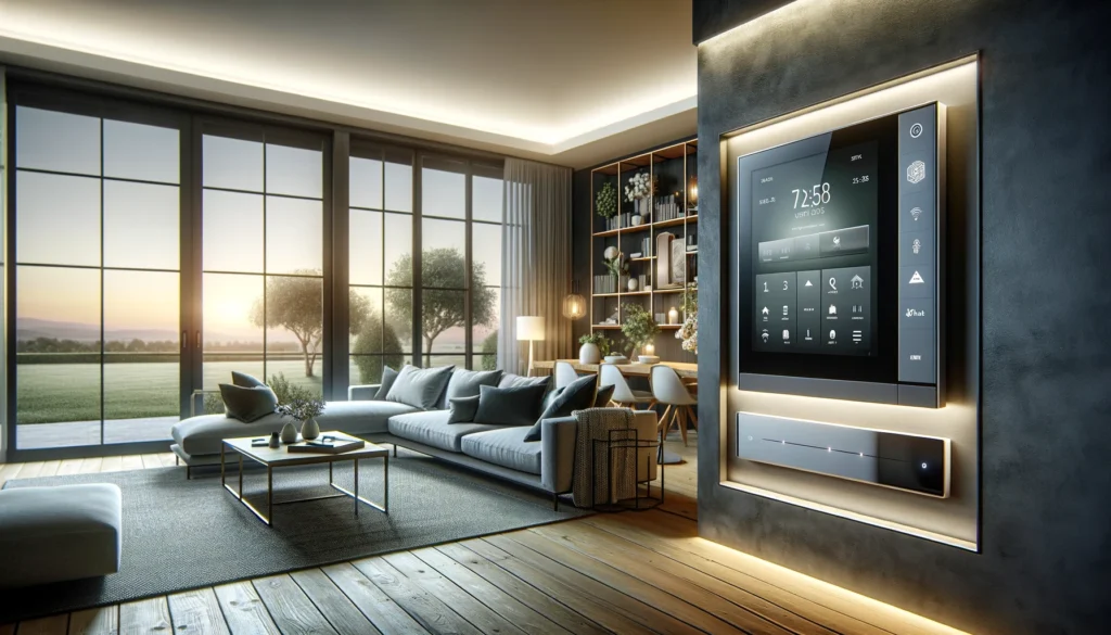 Modern living room with contemporary furniture and home security technology from ADT and Vivint. The room features a sleek security panel on one wall and a large window with a suburban view, highlighting both the functionality and aesthetic appeal of the integrated security system.