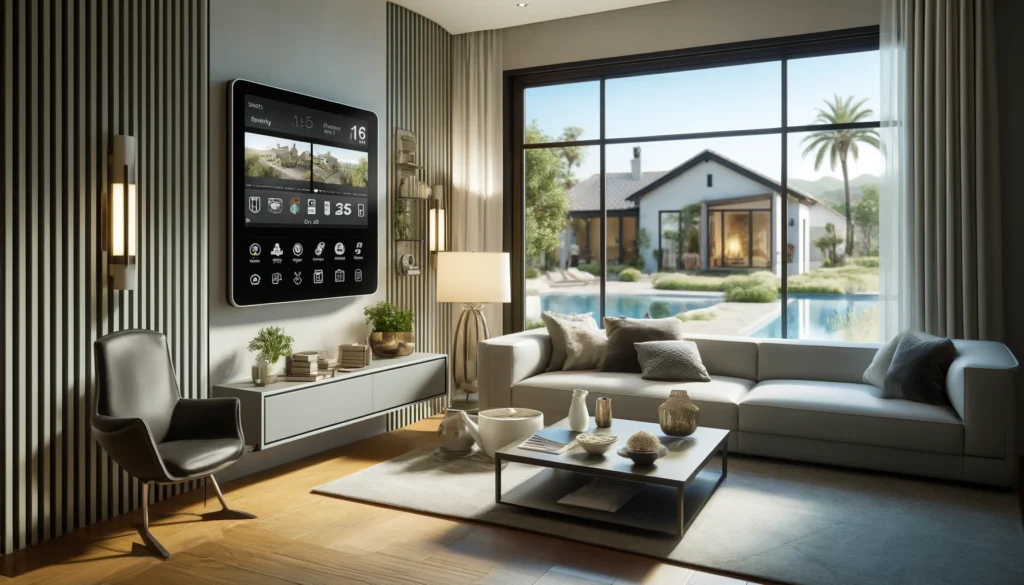 Modern and sophisticated living room in Ramona, California, featuring a sleek ADT and Vivint home security system. The room includes a high-tech security panel mounted on the wall, contemporary furniture, and a tablet displaying security camera feeds, seamlessly integrating advanced technology into the home setting.