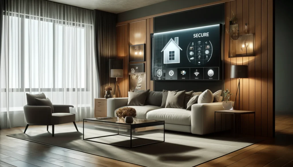 Modern home security setup in a contemporary living room featuring ADT and Vivint systems. The room includes a large window with sheer curtains, plush seating, and a digital security panel on the wall showing a secure status, with small cameras integrated into the decor, emphasizing safety and modern design.