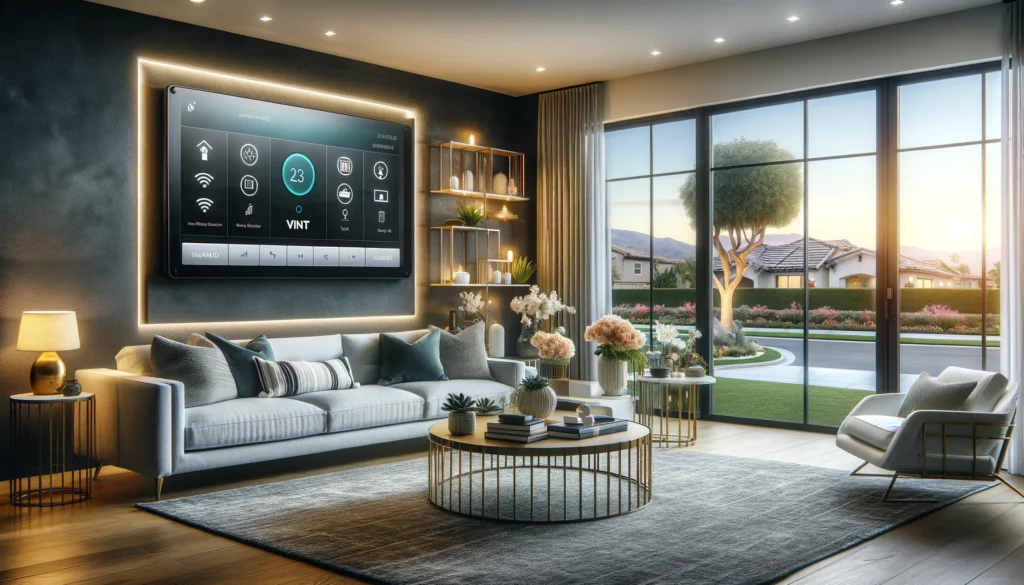 Modern living room in Lawndale, California, featuring advanced home security technology from ADT and Vivint. The space is stylishly furnished with contemporary decor and includes a sleek security panel on the wall. The room offers a view through a large window, showcasing a serene neighborhood, emphasizing a secure and aesthetically pleasing environment.