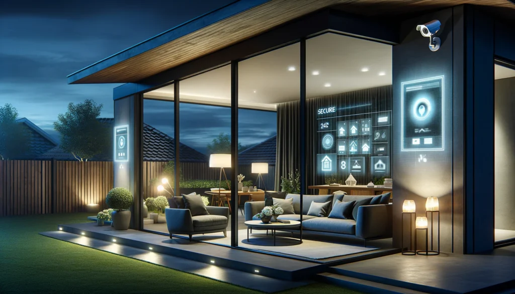 Modern living room at dusk, showcasing advanced home security technology with a digital interface displaying system status on the wall and an ADT and Vivint compatible high-definition security camera mounted outside, symbolizing robust home protection in a stylish setting.