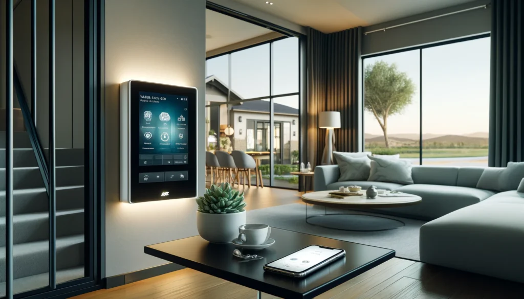 A modern and sophisticated living room in Wildomar, California, showcasing integrated home security systems. The room features a stylish ADT security panel mounted on the wall and a smartphone on a coffee table displaying the Vivint app interface. The interior is designed with minimalistic furniture, ambient lighting, and a calm color palette, highlighting the functionality and aesthetic appeal of the security technology from leading providers ADT and Vivint.