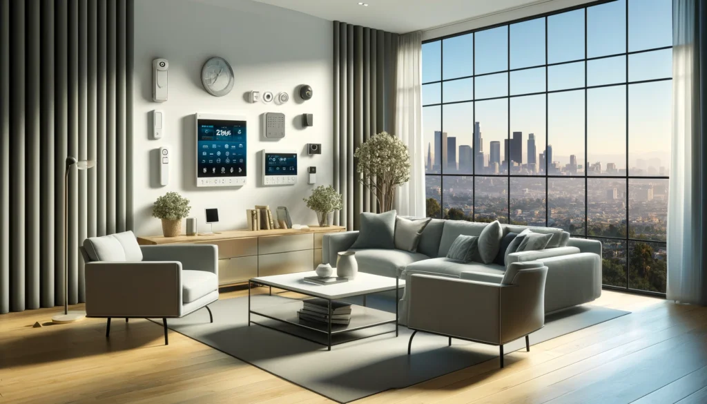 Modern living room in Culver City, California, featuring a sleek, integrated home security setup with a wall-mounted control panel, motion sensors, and cameras from providers like ADT and Vivint, overlooking the city skyline through large windows.