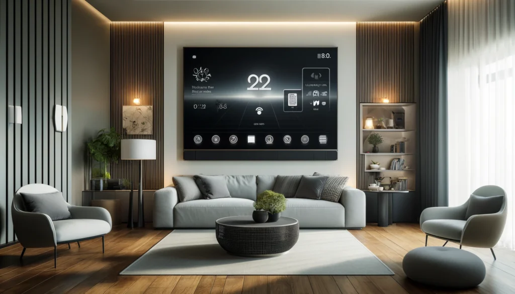 Modern living room in Stanton, California, featuring an advanced home security system with a touchscreen control panel on the wall. The room is equipped with devices from top providers like ADT and Vivint, demonstrating smart home integration with voice assistants and automated lighting. The decor is contemporary with a minimalist style, emphasizing a secure and aesthetically pleasing environment.