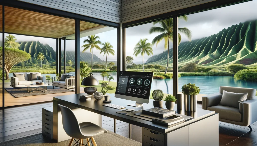 Sophisticated home office in Hilo, Hawaii, featuring modern security technology from providers like ADT and Vivint. The office showcases a high-tech security system interface on a smart screen, set against a backdrop of lush Hawaiian landscapes, emphasizing a blend of functionality, safety, and aesthetic appeal in a minimalist decor.