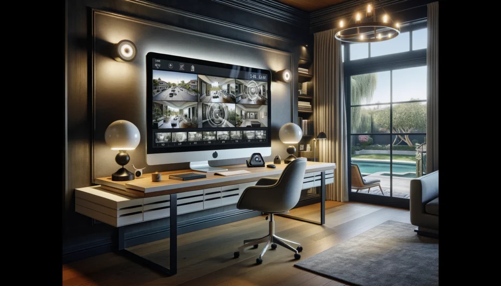 Modern home office in La Mirada, California, featuring advanced security technology with monitors showing live surveillance, highlighting ADT and Vivint systems. The room includes sleek, contemporary furniture and large windows with views of a peaceful neighborhood, emphasizing a luxurious and functional setting.