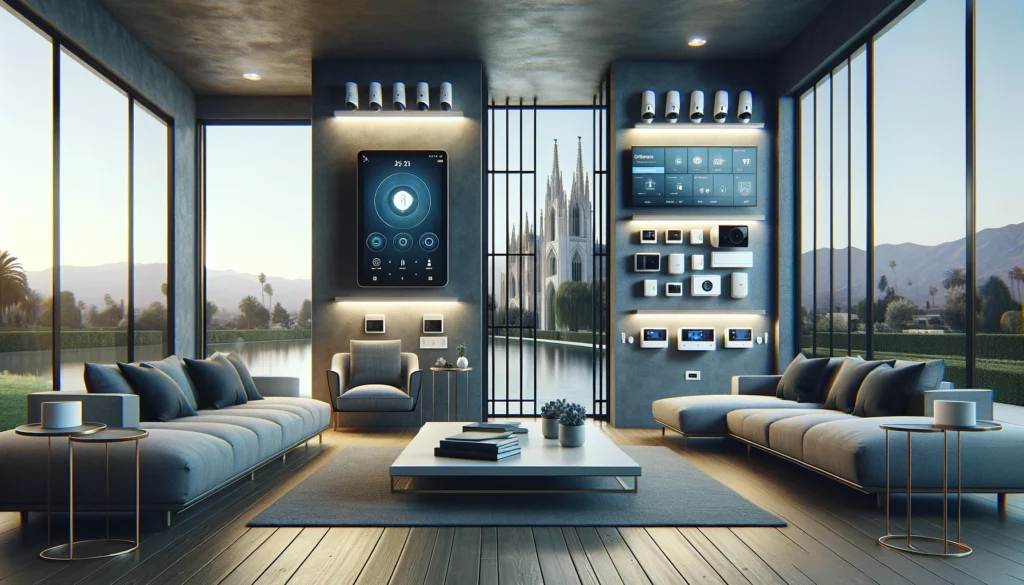 A sophisticated living room in Cathedral City, California, equipped with the latest home security technologies from ADT and Vivint. The room features contemporary furniture, a large scenic window, and subtly integrated security components like cameras and control panels on the walls, blending high-tech functionality with modern home aesthetics.