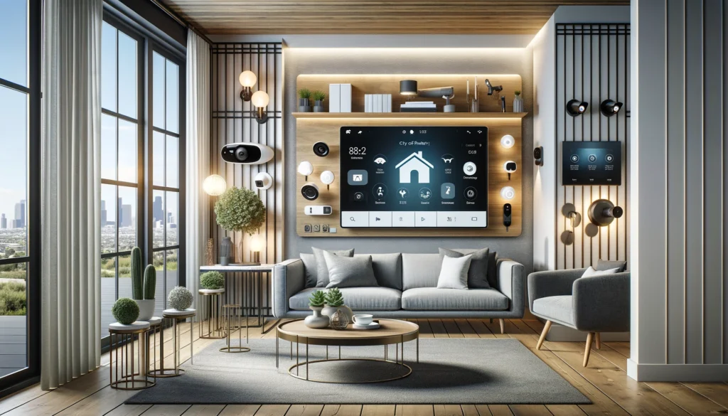 A sophisticated and modern living room showcasing advanced home security technologies from ADT and Vivint. The room features a sleek digital security panel by ADT on the wall, high-definition surveillance cameras from both ADT and Vivint, and integrated smart home devices including automated lights and a smart thermostat. The design is clean and contemporary, highlighting the functionality and aesthetic appeal of the security solutions, suitable for both residential and commercial use in City of Industry, California.