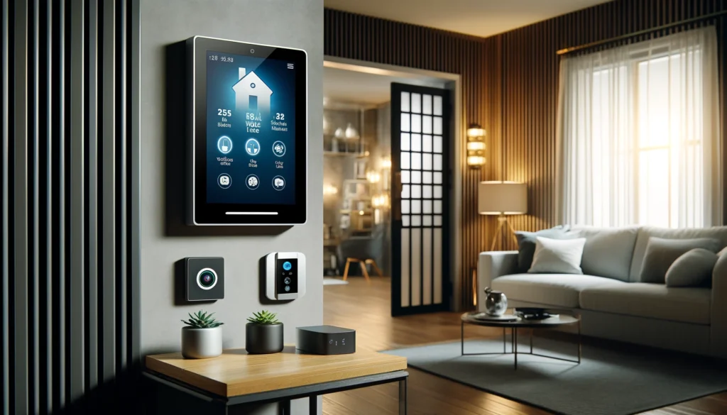 Modern home security setup in a stylish living room, featuring a sleek ADT touchscreen control panel on the wall, Vivint smart locks on the doors, and a high-definition surveillance camera in the background. The decor includes contemporary furniture, emphasizing the seamless integration of advanced technology with home aesthetics.