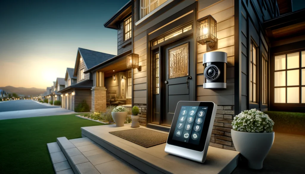 Modern home security system featuring a high-tech security camera and digital keypad installed on the exterior of a Huntington Park home. The image illustrates advanced security technology offered by leading providers like ADT and Vivint, emphasizing a blend of functionality and aesthetic appeal for enhanced residential safety.