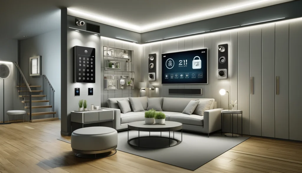 Modern living room featuring a sophisticated home security system. The room includes contemporary furniture and is equipped with advanced technology from providers like ADT and Vivint. A security keypad is visible on the wall, with surveillance cameras positioned in the corners. The space also features smart home devices such as automated lights and a smart thermostat, highlighting a blend of functionality and modern design. The environment is clean and secure, showcasing the integration of cutting-edge technology into daily life.