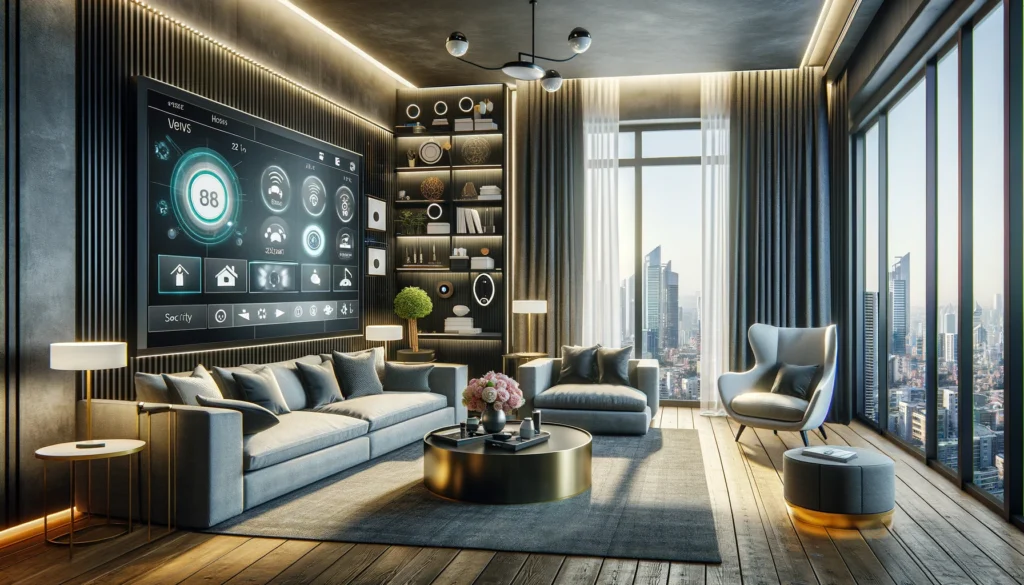 Modern living room with advanced home security technology featuring a large touchscreen panel on the wall, displaying security options from providers like ADT and Vivint. The room is stylishly furnished with elegant seating and large windows equipped with security sensors, illustrating a seamless integration of sophisticated technology in a home setting.