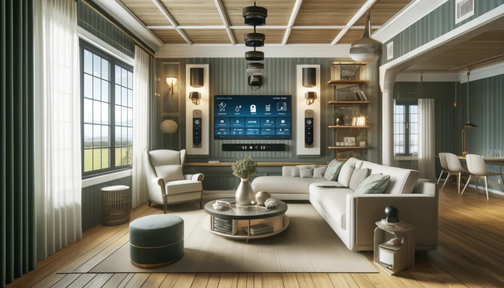 A modern and sophisticated living room in a suburban Arcadia home, featuring high-tech home security systems from ADT and Vivint. The room showcases a wall-mounted digital interface, surveillance cameras, and motion sensors, blending seamlessly with the stylish décor. The room is filled with natural light, emphasizing a secure and contemporary environment.