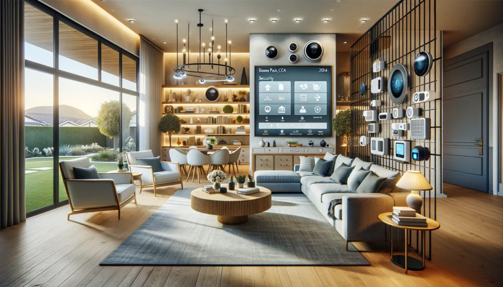 Modern living room in a suburban home in Buena Park, California, featuring advanced home security systems from ADT and Vivint. The room includes visible security cameras, smart screens, and motion detectors integrated into a contemporary decor with sleek furniture and a neutral color palette. This setup highlights the functionality and aesthetic appeal of the technology, emphasizing a secure and stylish home environment.