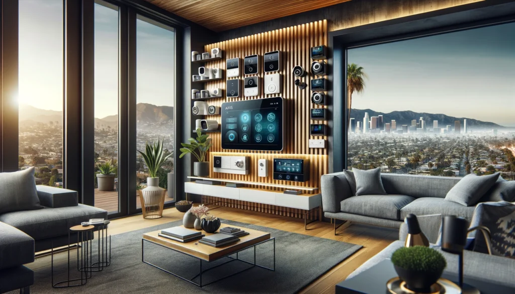 Modern living room in Santa Monica featuring a high-tech home security setup by ADT and Vivint. The room includes a smart alarm panel on the wall, surveillance cameras, and various smart home devices integrated into the decor. The contemporary design is complemented by large windows offering views of the cityscape, emphasizing the blend of functionality and style in urban home security solutions.