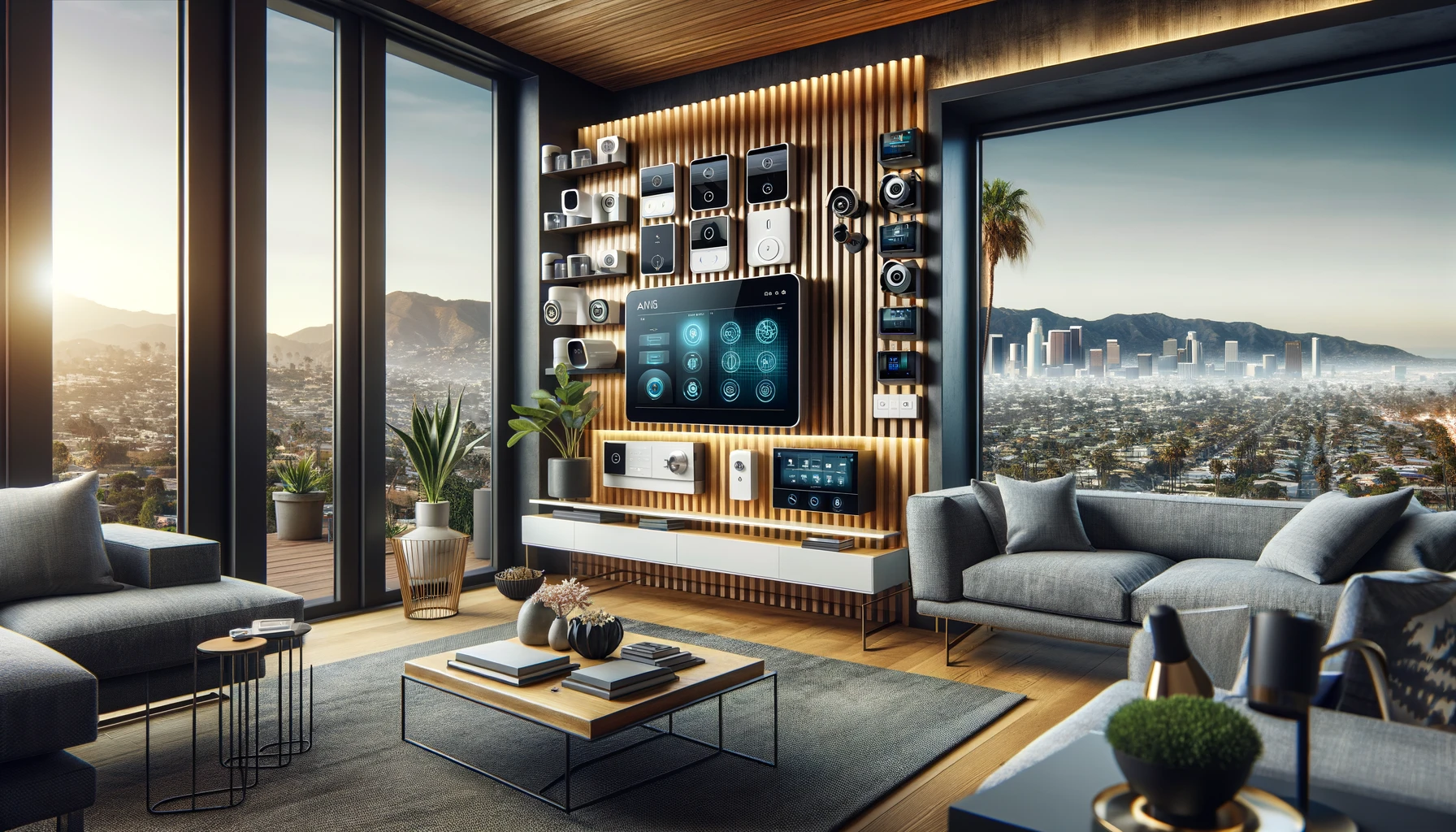 Modern living room in Santa Monica featuring a high-tech home security setup by ADT and Vivint. The room includes a smart alarm panel on the wall, surveillance cameras, and various smart home devices integrated into the decor. The contemporary design is complemented by large windows offering views of the cityscape, emphasizing the blend of functionality and style in urban home security solutions.