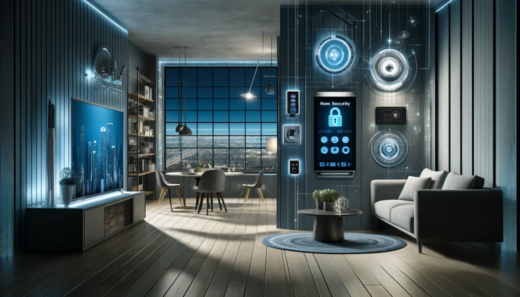 Modern home interior featuring advanced security technologies including smart locks and surveillance cameras from providers like ADT and Vivint. The setting showcases a stylish, urban living space with a central security control panel, emphasizing both functionality and aesthetic appeal. The color palette includes cool blues and greys, conveying a sense of safety and reliability.