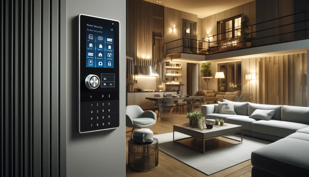 Stylish living room in Rialto, California, equipped with advanced home security systems from ADT and Vivint. The room features a sleek design with minimalist decor, a neutral color palette, and visible high-tech security elements like smart locks and surveillance cameras integrated seamlessly into the home environment.