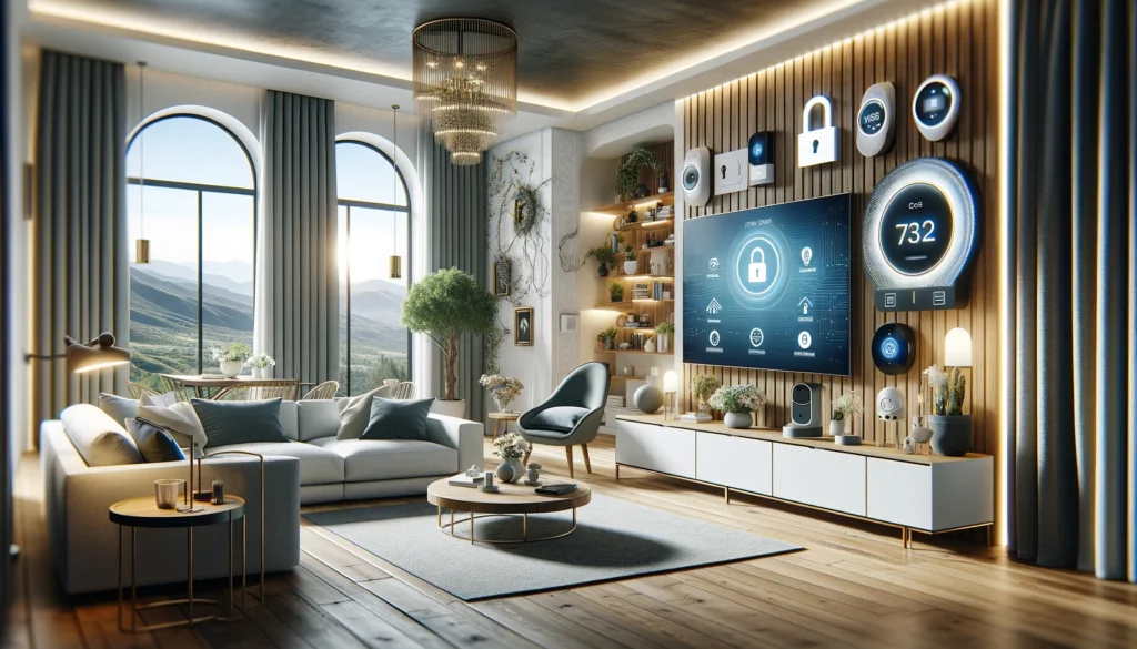 An elegant living room featuring modern home security technologies by ADT and Vivint, including smart locks on the door and surveillance cameras positioned subtly around the room. The setting is sophisticated, with a contemporary sofa, a sleek coffee table, and a minimalist decor, emphasizing the blend of high-tech functionality and aesthetic appeal.