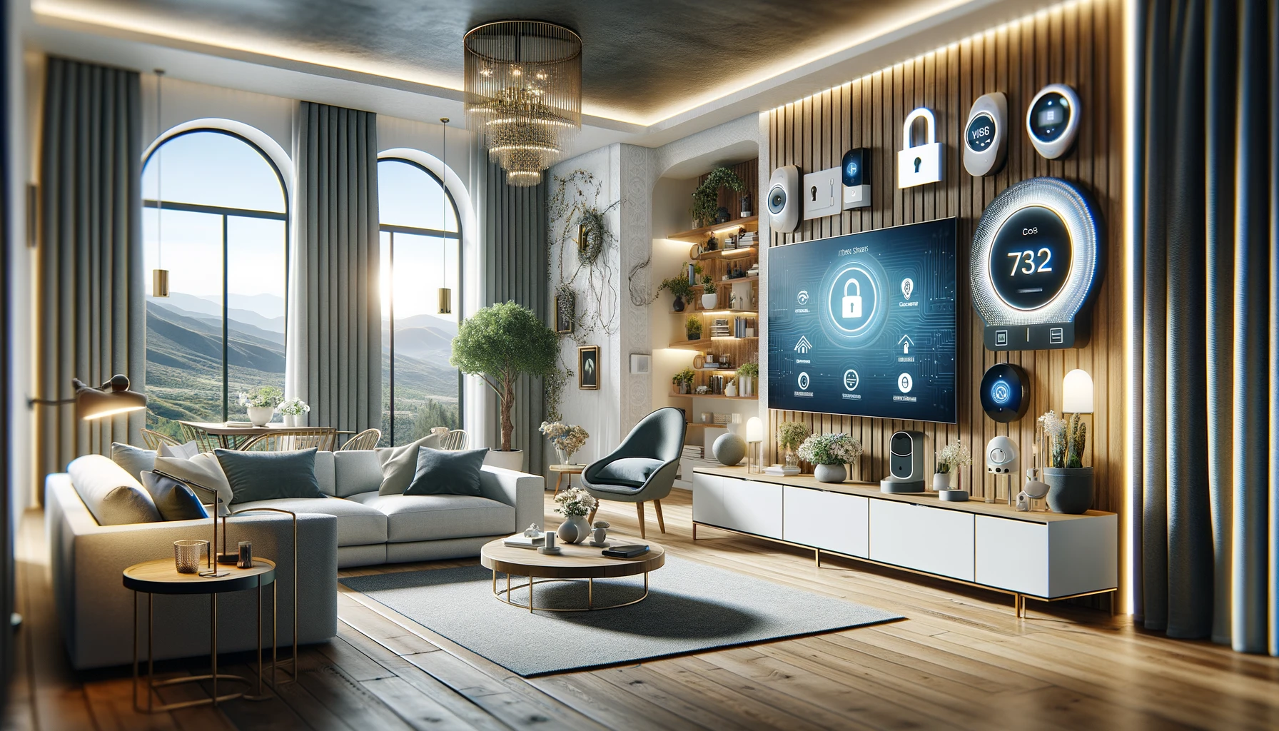 An elegant living room featuring modern home security technologies by ADT and Vivint, including smart locks on the door and surveillance cameras positioned subtly around the room. The setting is sophisticated, with a contemporary sofa, a sleek coffee table, and a minimalist decor, emphasizing the blend of high-tech functionality and aesthetic appeal.