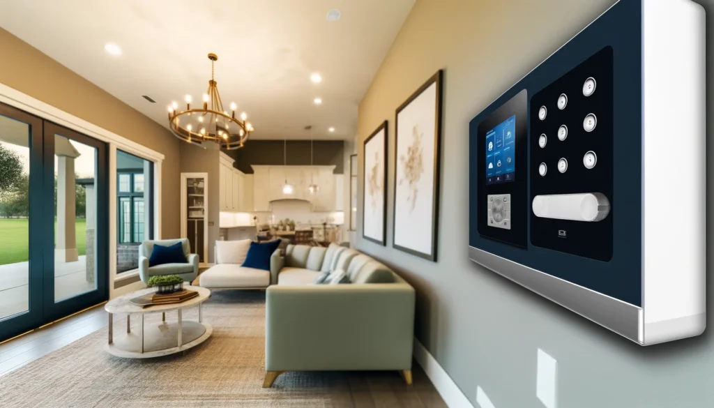 Modern living room in a suburban home in Beaumont, Texas, featuring advanced home security technologies from providers ADT and Vivint. The room showcases a sleek digital keypad, high-definition security cameras, and sensors on windows, emphasizing a secure, stylish, and technologically equipped environment.