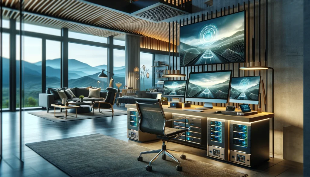 Modern home office with high-speed internet equipment, featuring a sleek desk setup with multiple monitors and Wi-Fi routers. The room has contemporary furniture and large windows offering a view of distant mountains, creating a productive and stylish workspace connected to nature.