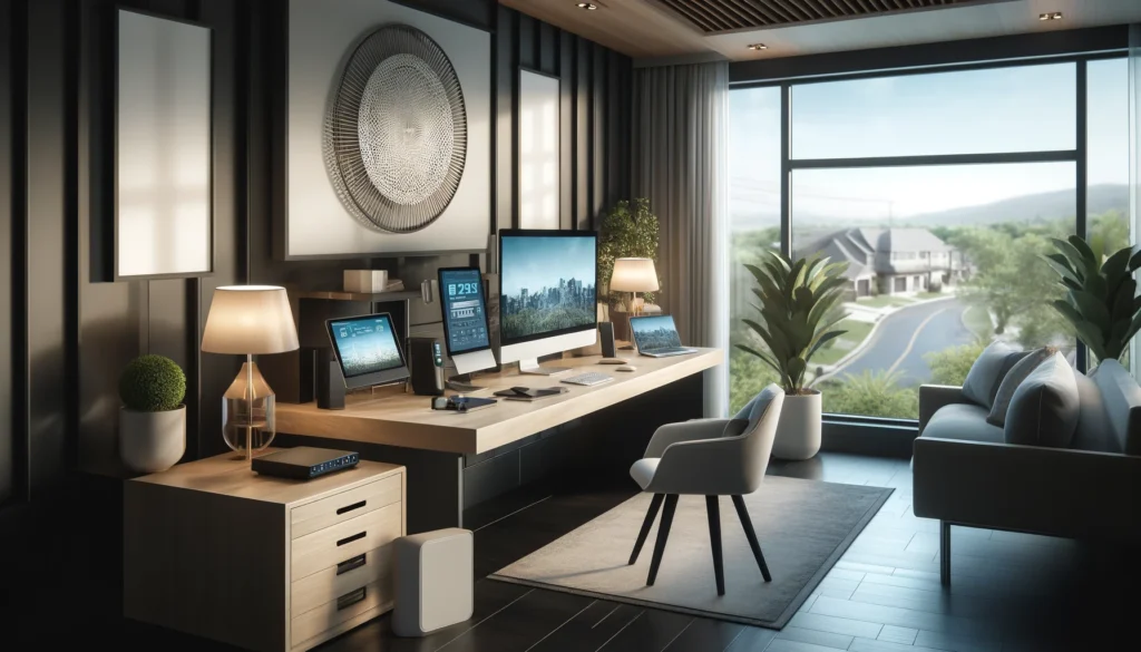 The image features a modern home office with a minimalist aesthetic. There is a sleek desk equipped with a high-end computer setup, wireless devices, and internet equipment like a modem and router. Large windows provide a view of a suburban neighborhood, blending residential comfort with cutting-edge technology. The space is organized and clean, creating an environment that emphasizes functionality and style, suitable for a blog about internet service providers in Del Valle, TX.