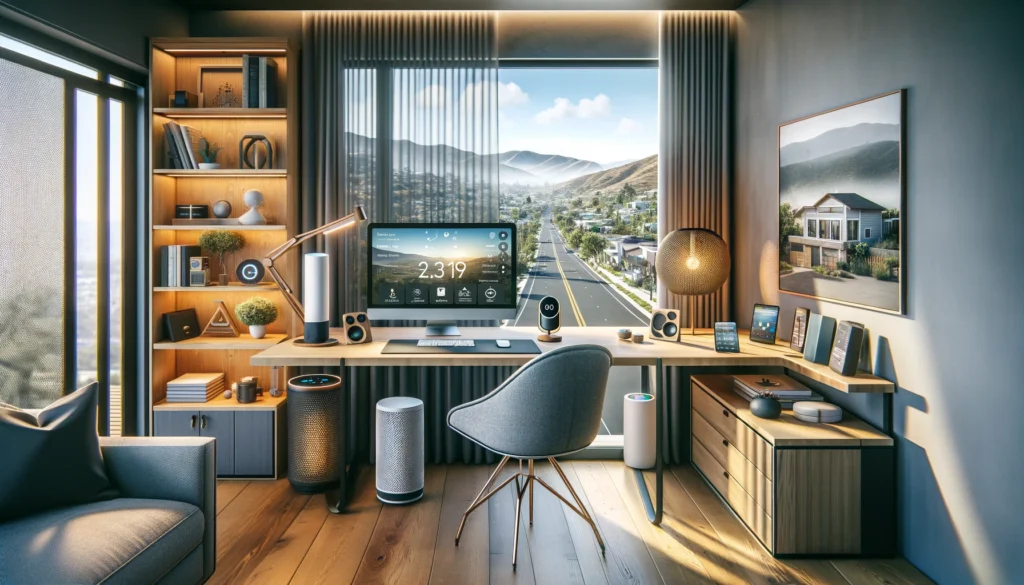 Modern home office in Ramona, California, with a sophisticated setup including a high-tech computer, smart home devices, and a view of the natural landscape through a large window. The space emphasizes functionality and modern aesthetics suitable for tech enthusiasts.