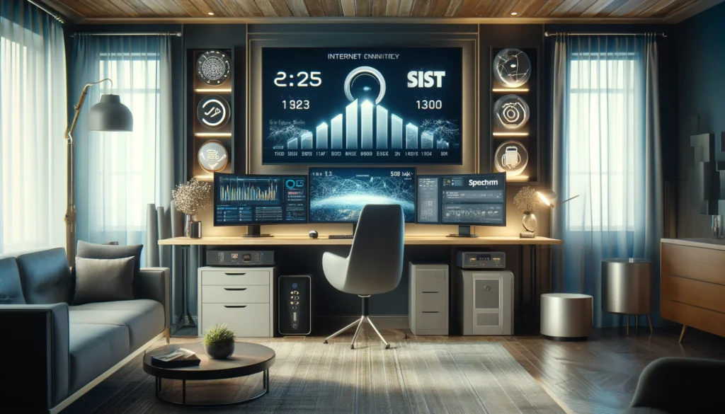 Modern home office setup featuring advanced internet technology. The image shows a sleek desk with a high-end computer and multiple monitors displaying ISP logos and internet speed tests, including Spectrum, Frontier, and EarthLink. The contemporary room design includes stylish furniture and decor, with elements like a smart home assistant and a high-speed router, emphasizing a sophisticated and professional environment for internet connectivity.