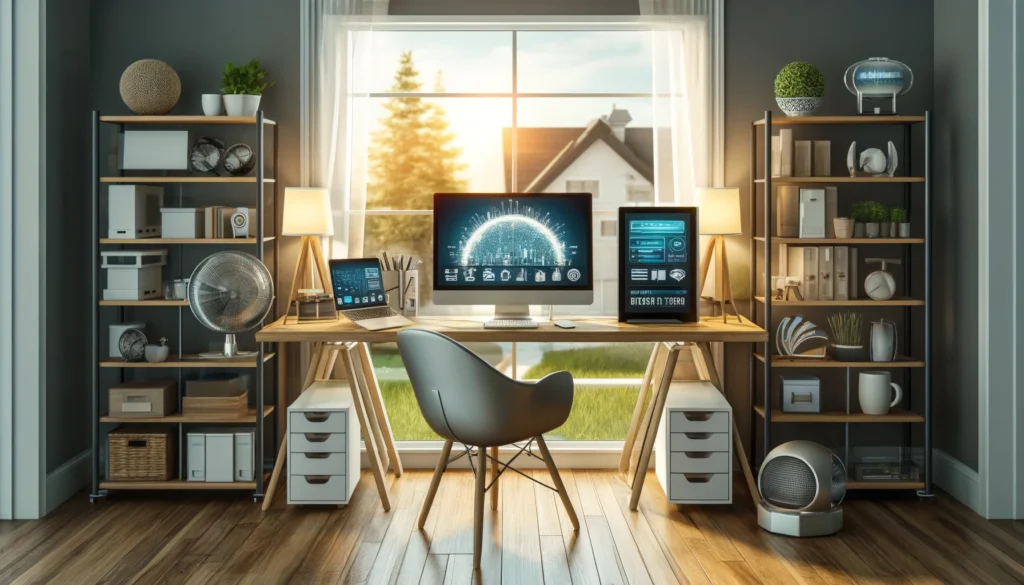 Modern home office setup featuring advanced technology devices like computers, routers, and smartphones, integrated into a stylish decor with a window view of a serene suburban landscape. The office includes a sleek desk, ergonomic chair, and decorative plants, illustrating a functional and aesthetically pleasing environment for internet connectivity in residential areas.