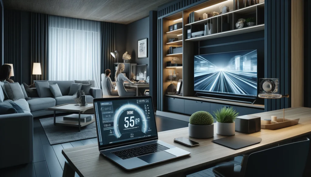 The image features a contemporary living room with advanced technological setup, including a high-tech workspace with a laptop displaying internet speed tests, and a family watching a smart TV. This scene illustrates the integration of functional, high-speed internet in a stylish, modern home environment, highlighting the importance of choosing the right internet service provider.