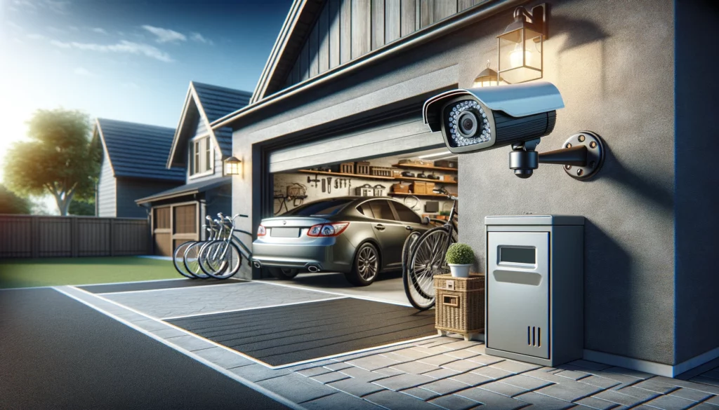 A detailed view of a driveway and garage monitored by a security camera with license plate recognition, highlighting strategic surveillance to protect valuable items, seamlessly integrated with the home's design.