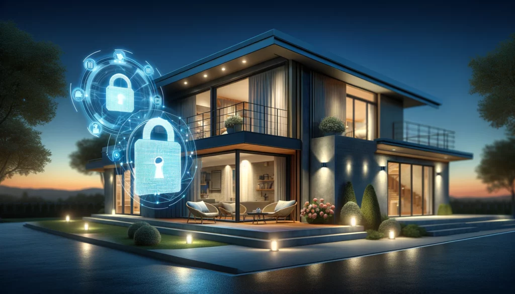 A contemporary home at twilight, subtly illuminated and secured with advanced security systems, including visible cameras and a digital padlock, symbolizing the protection and aesthetic enhancement provided by modern home security solutions.