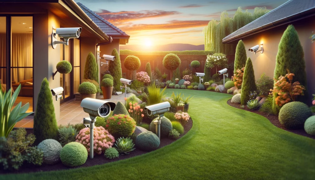 A tranquil garden at sunset, subtly monitored by hidden surveillance cameras integrated within the landscaping, offering comprehensive coverage without disturbing the natural beauty.